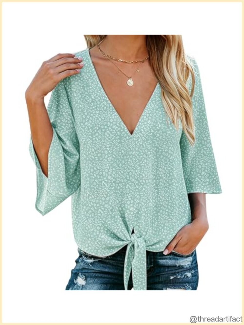 Womens Tie Front Blouse Bell Sleeve V Neck Chiffon Casual Summer Top